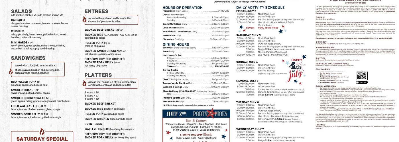 The Preserve Smokehouse at Grand View Lodge Menu