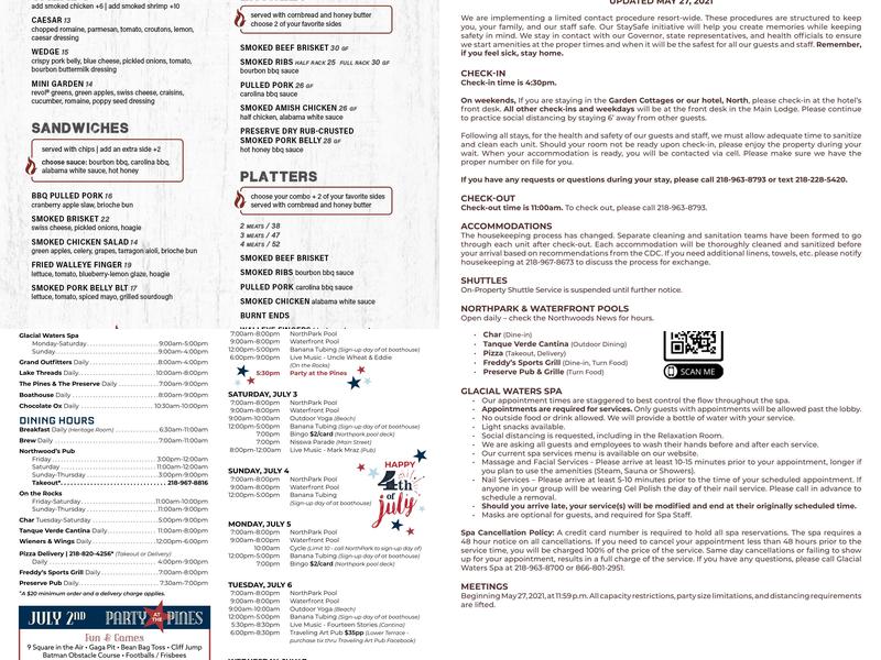 The Preserve Smokehouse at Grand View Lodge Menu