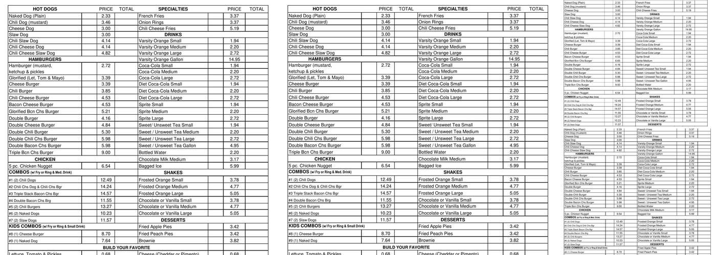The Varsity Menu