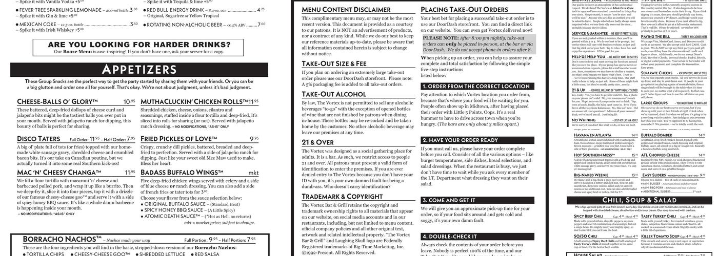 The Vortex Bar & Grill Menu