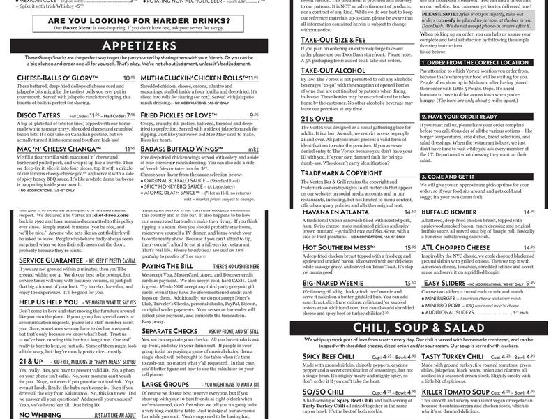 The Vortex Bar & Grill Menu