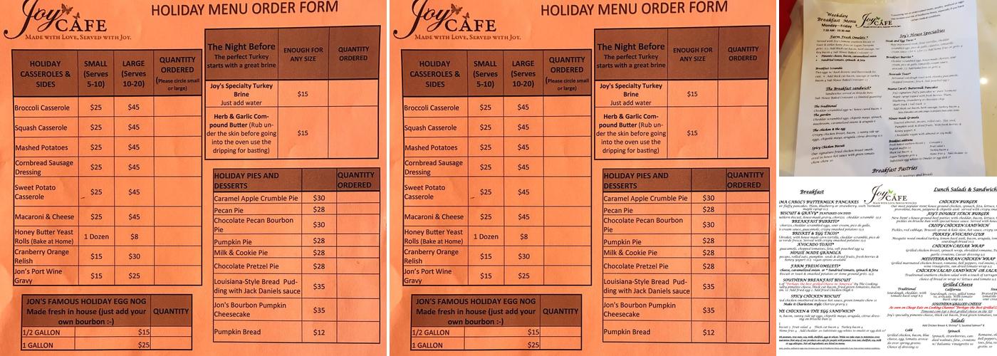 Joy Cafe Menu