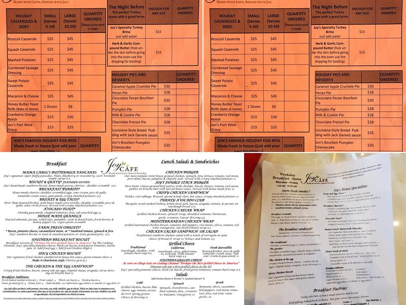 Joy Cafe Menu