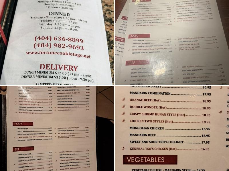 Fortune Cookie Chinese Restaurant Menu