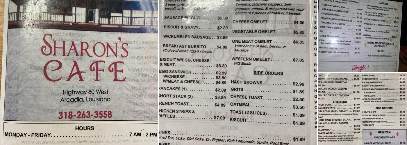 Sharon's Cafe Menu