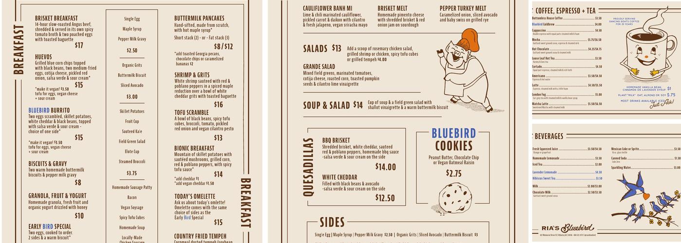 Ria's Bluebird Menu