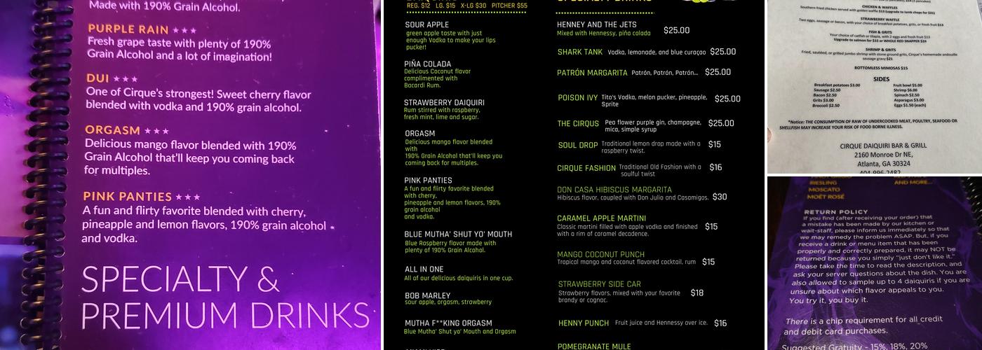 Cirque Daiquiri Bar & Grill Menu