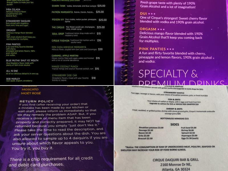 Cirque Daiquiri Bar & Grill Menu