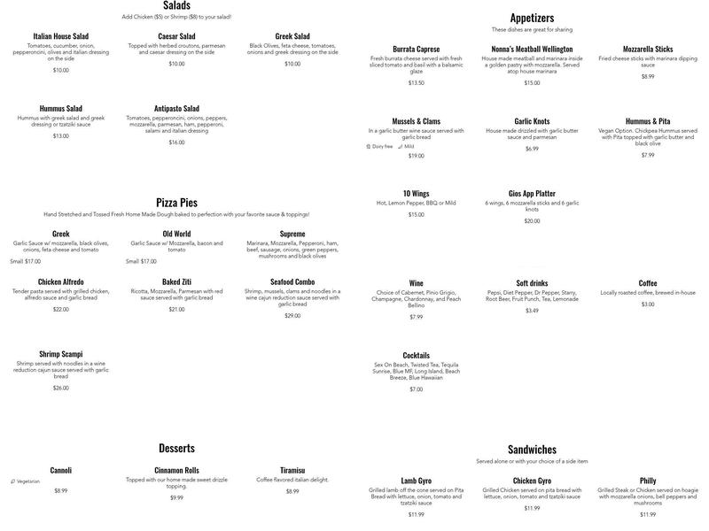 Giovanna's Pizzaria Menu