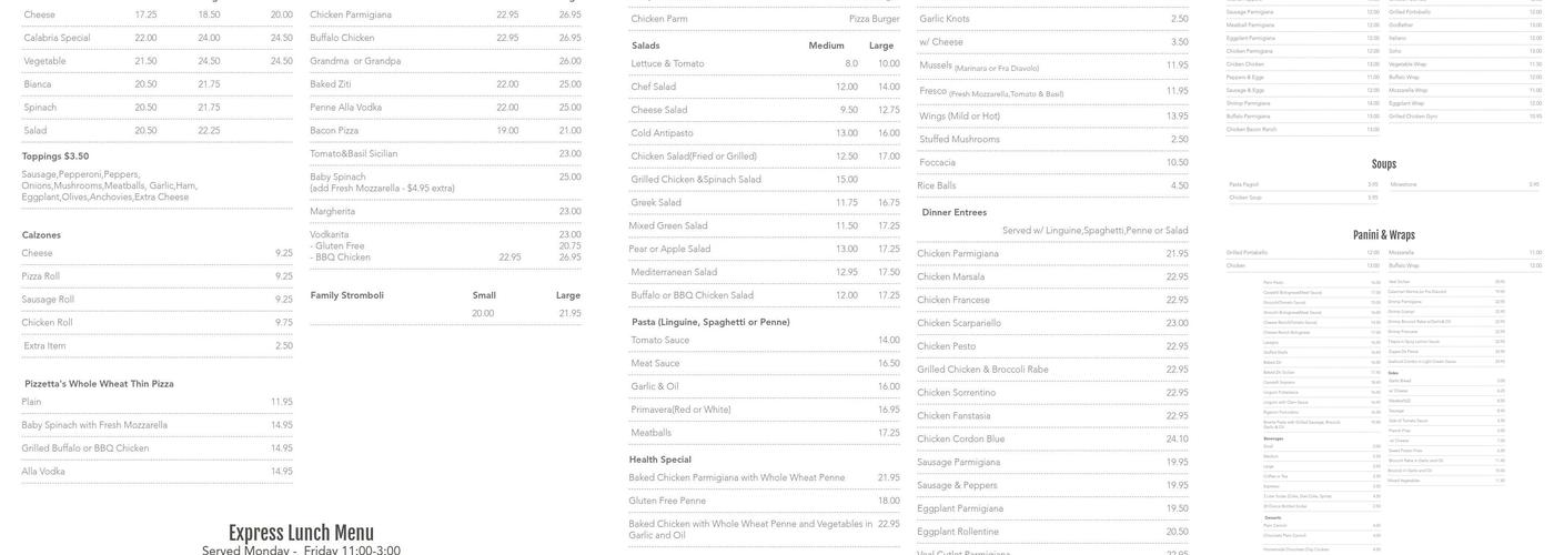 Calabria Pizza & Pasta Menu