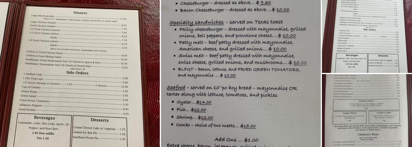 Stogner & Son Fish Camp Menu