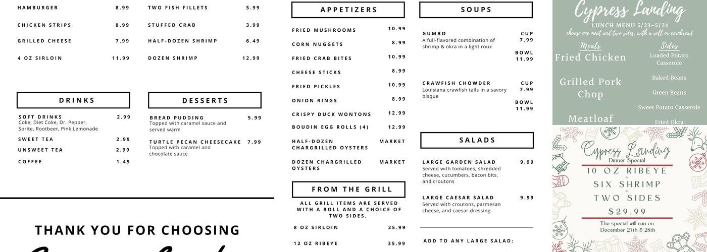 Cypress Landing Menu