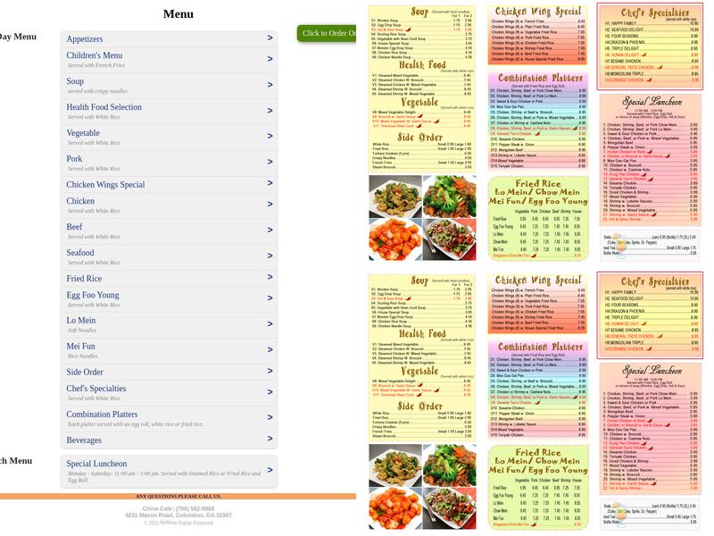 China Cafe Menu
