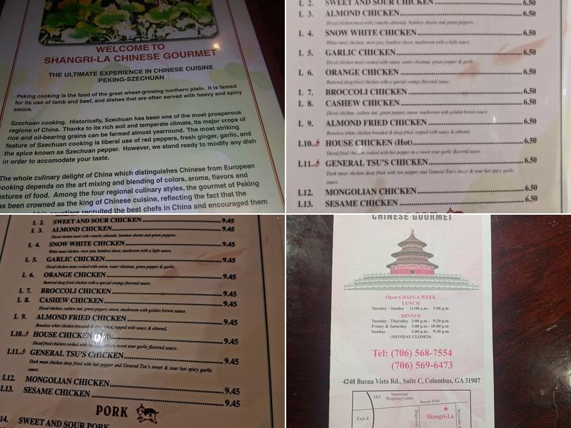 Shangri La Chinese Gourmet Menu
