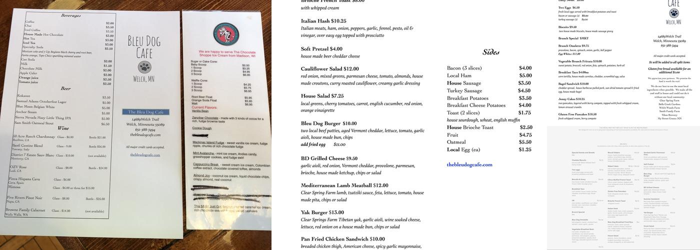 The Bleu Dog Cafe Menu
