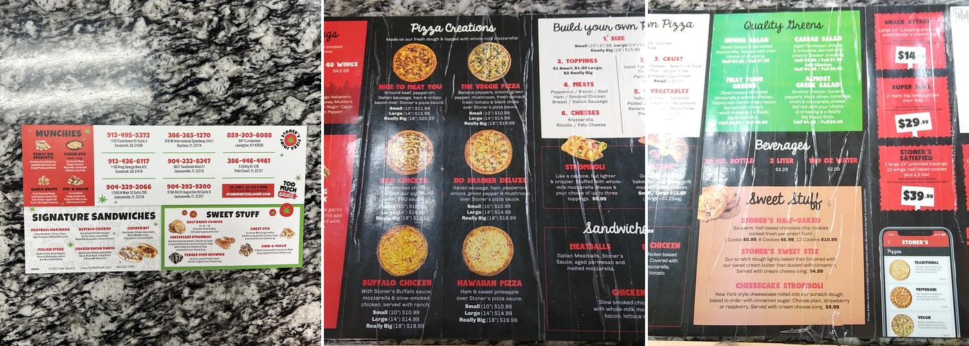 Stoner's Pizza Joint Savannah Georgetown Menu