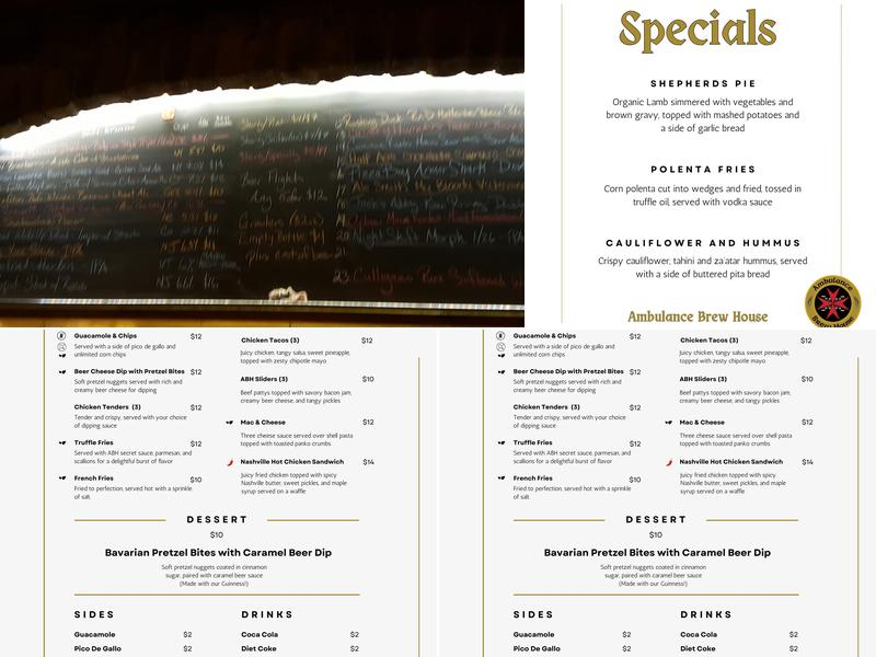 Ambulance Brew House Menu