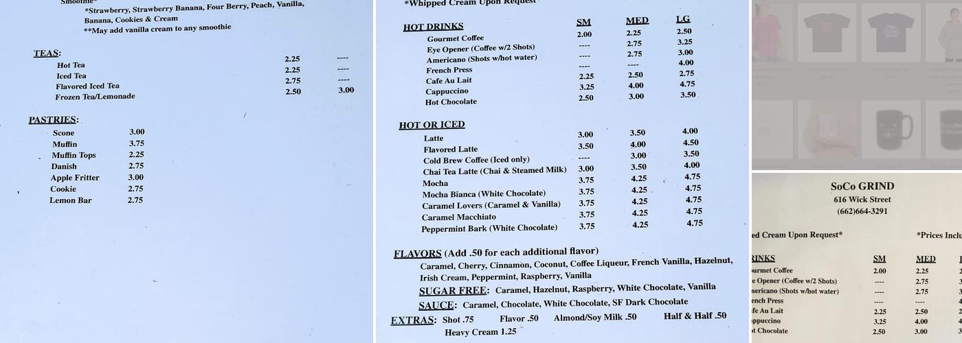 SoCo Grind Menu