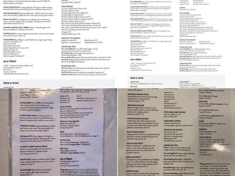 Fox and Fig Cafe Menu