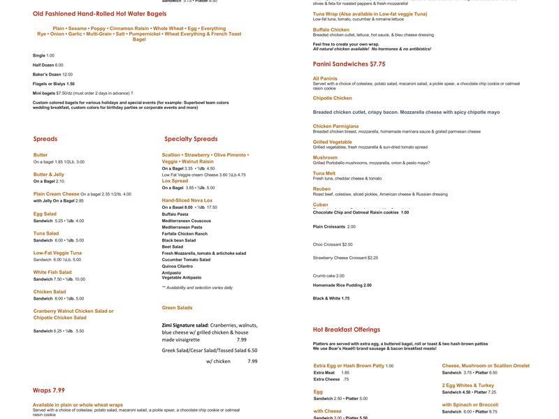 Zimi Bagel Cafe & Deli Nanuet Menu