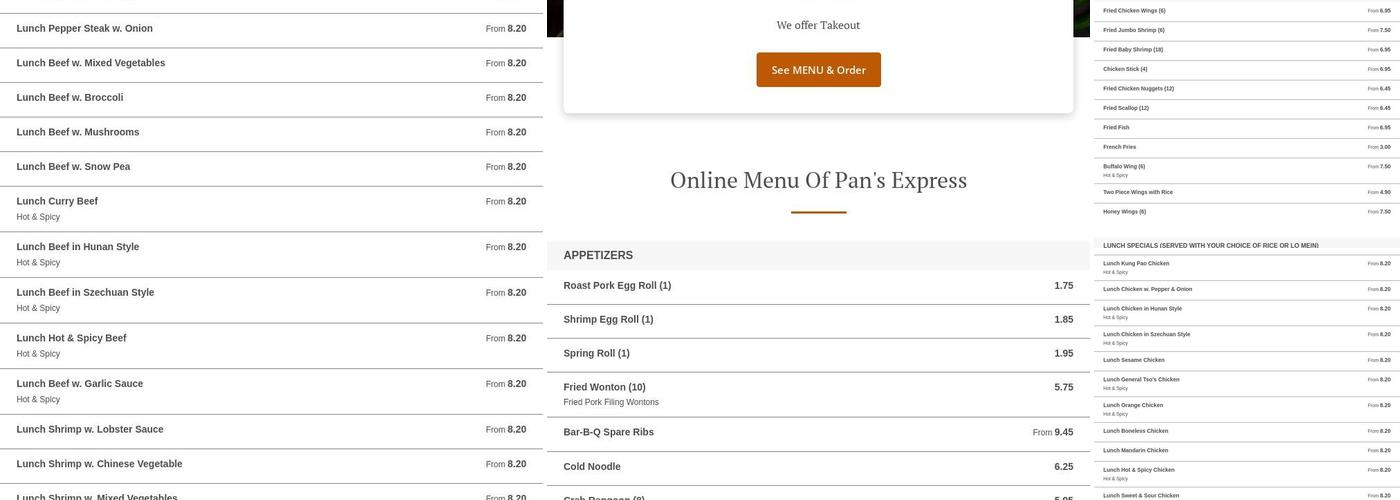 Pan's Express Menu