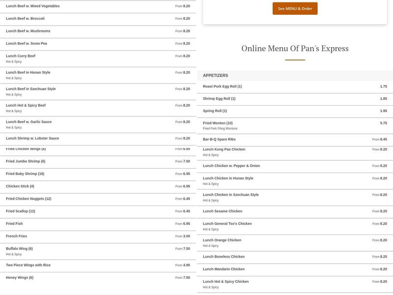 Pan's Express Menu