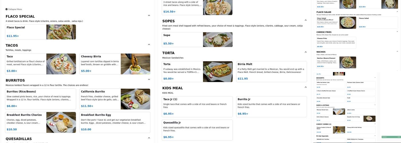 Flacos House Menu