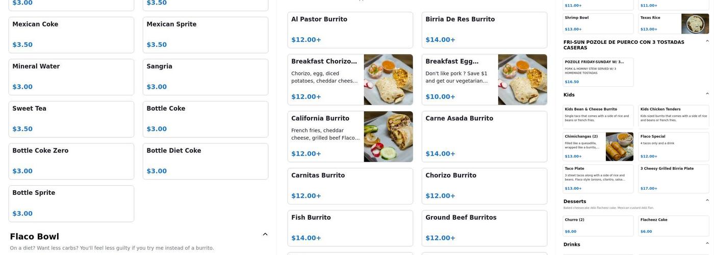 Flacos House Menu