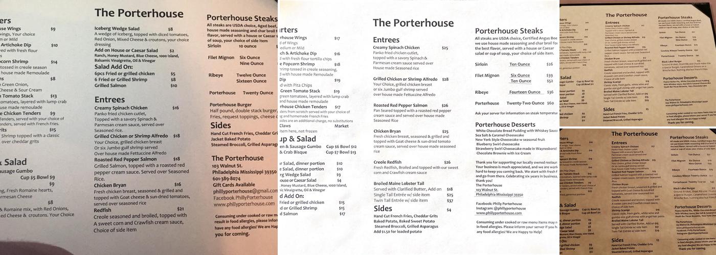 The Porterhouse Menu