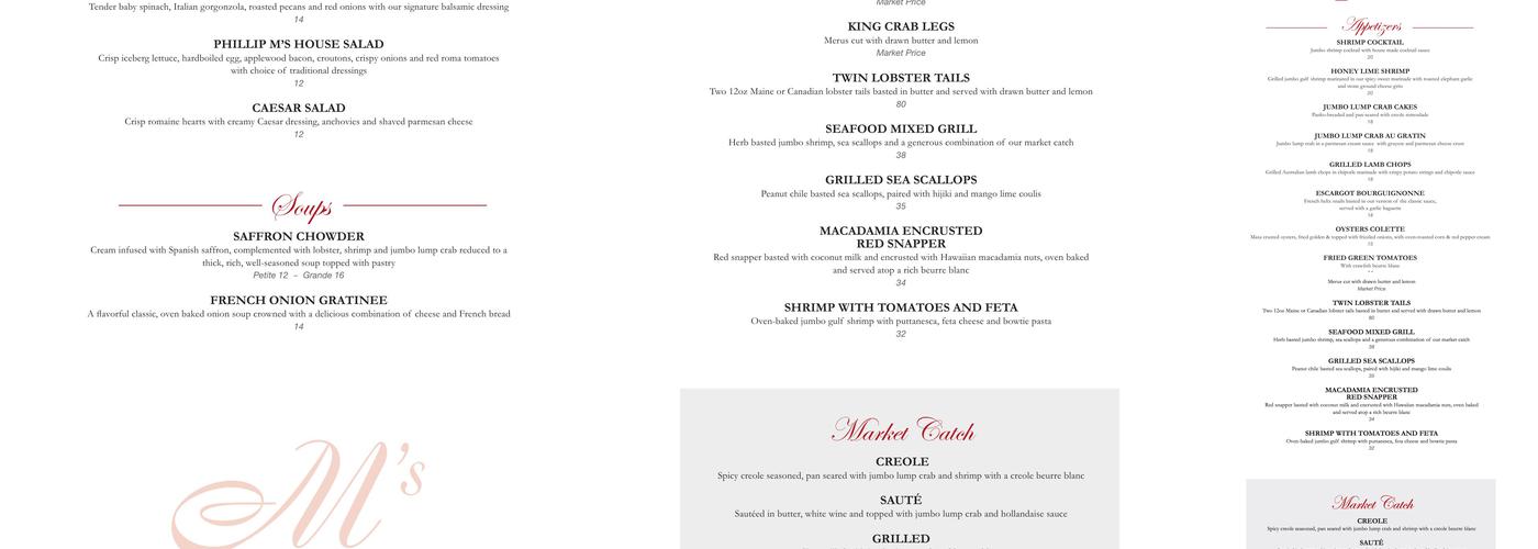 Phillip M's Fine Dining Menu