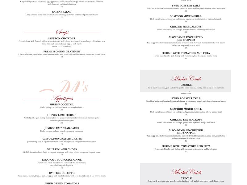 Phillip M's Fine Dining Menu