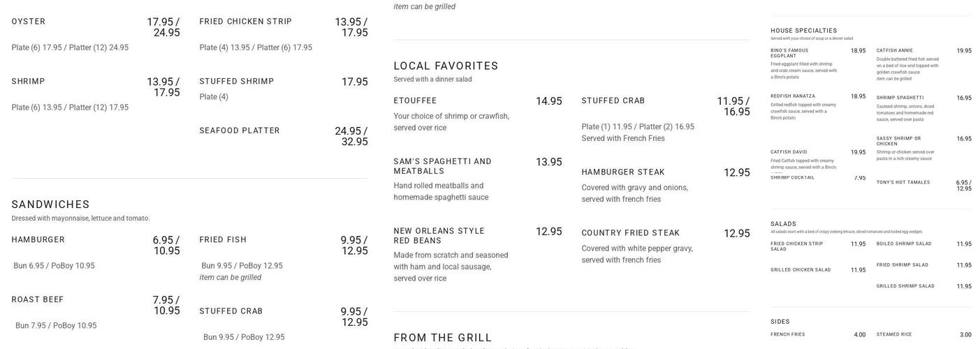 Bino's Menu