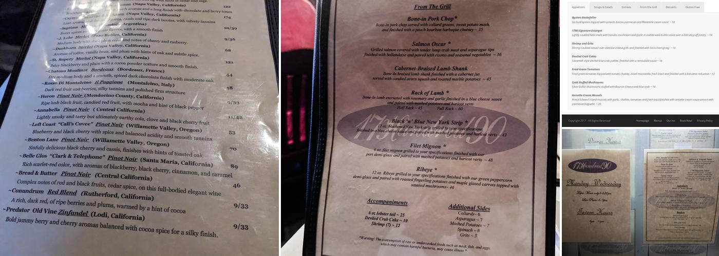 17Hundred90 Inn and Restaurant Menu