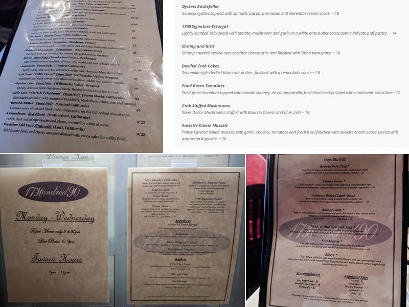 17Hundred90 Inn and Restaurant Menu
