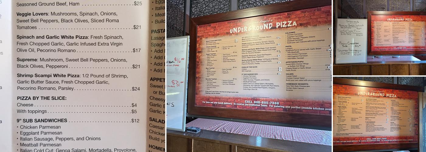 James Angelo's Underground Pizza Menu