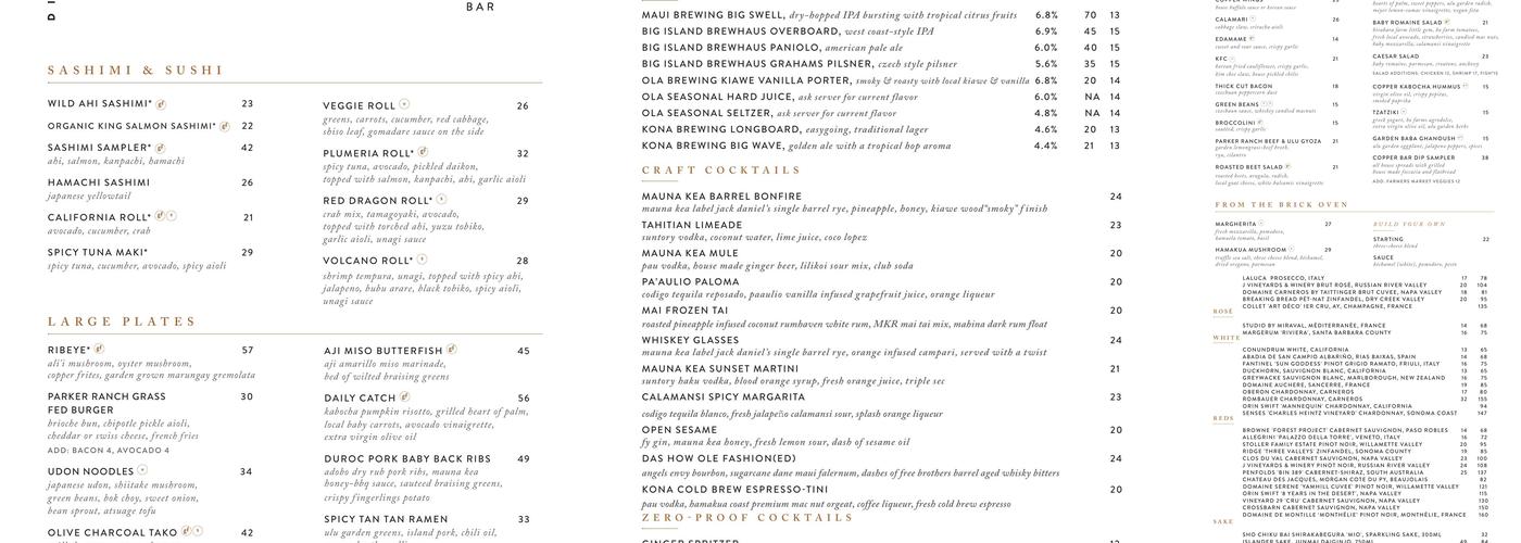 Copper Bar Menu