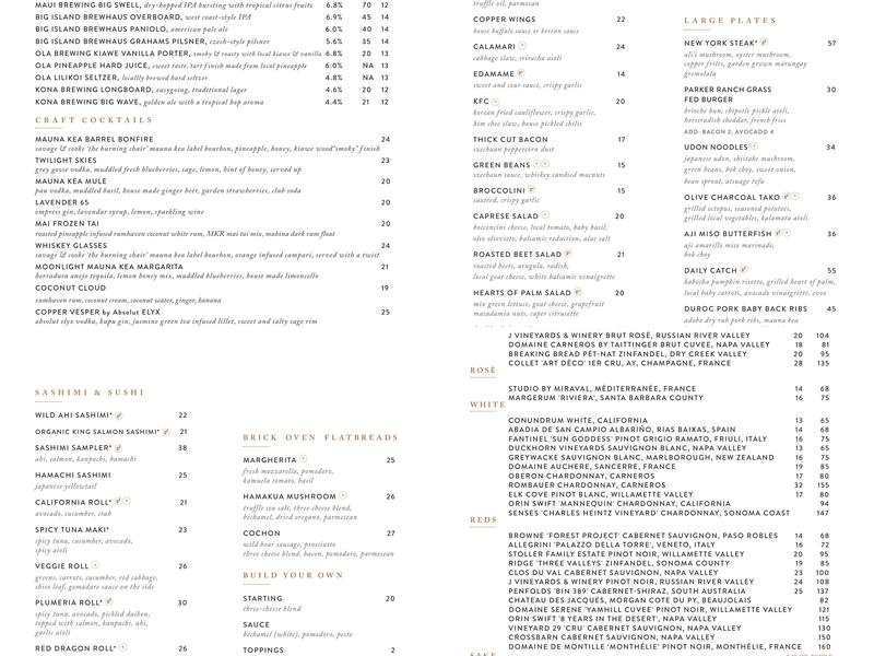 Copper Bar Menu