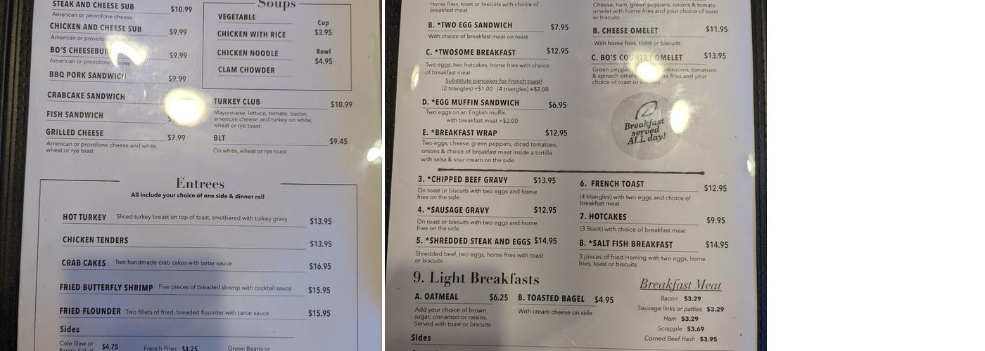 Bo's Cafe Menu