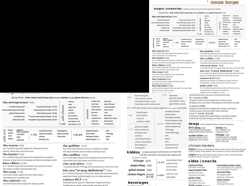 Moxie Burger Menu
