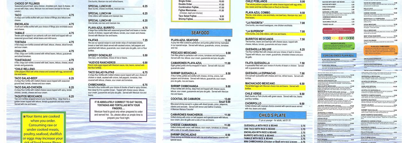 Playa Azul Authentic Mexican Menu