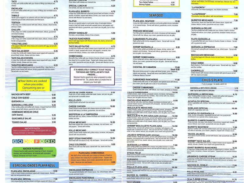 Playa Azul Authentic Mexican Menu