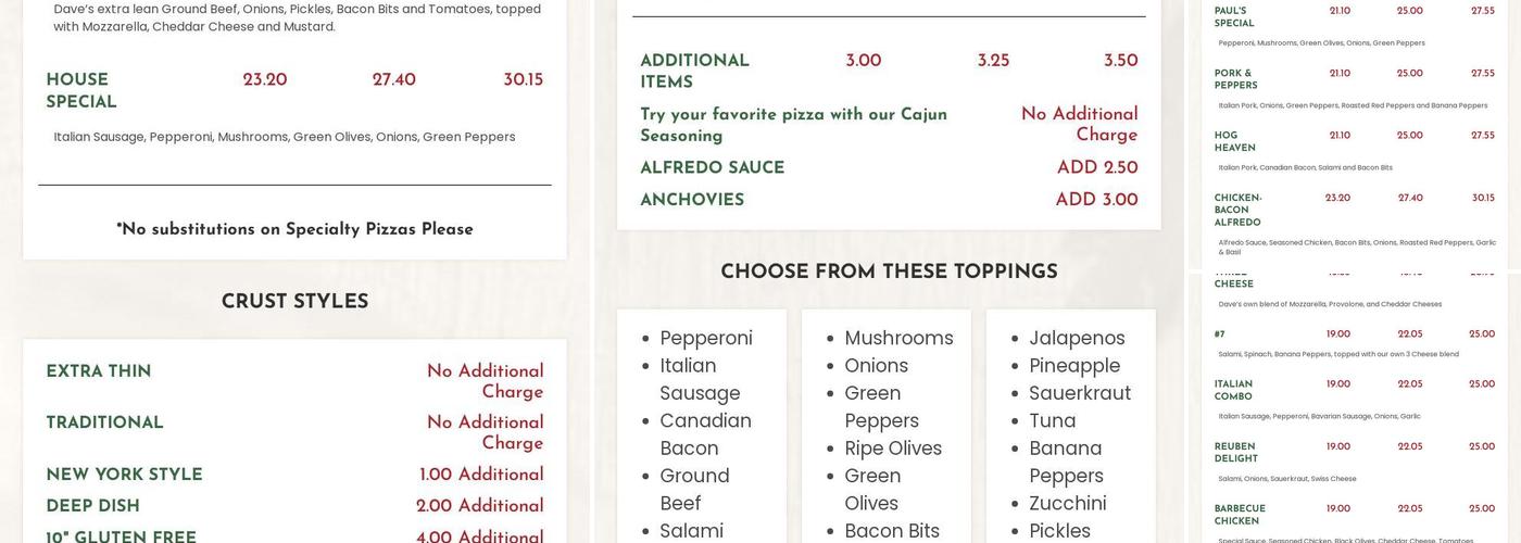 Dave's Pizza Menu