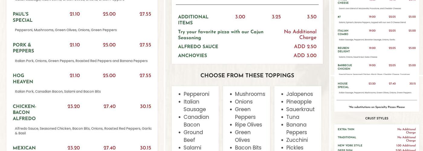 Dave's Pizza Menu
