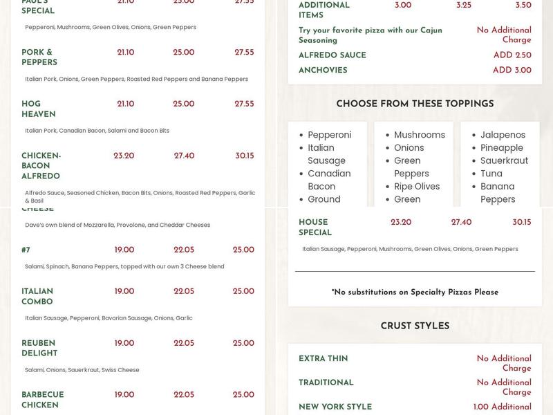 Dave's Pizza Menu