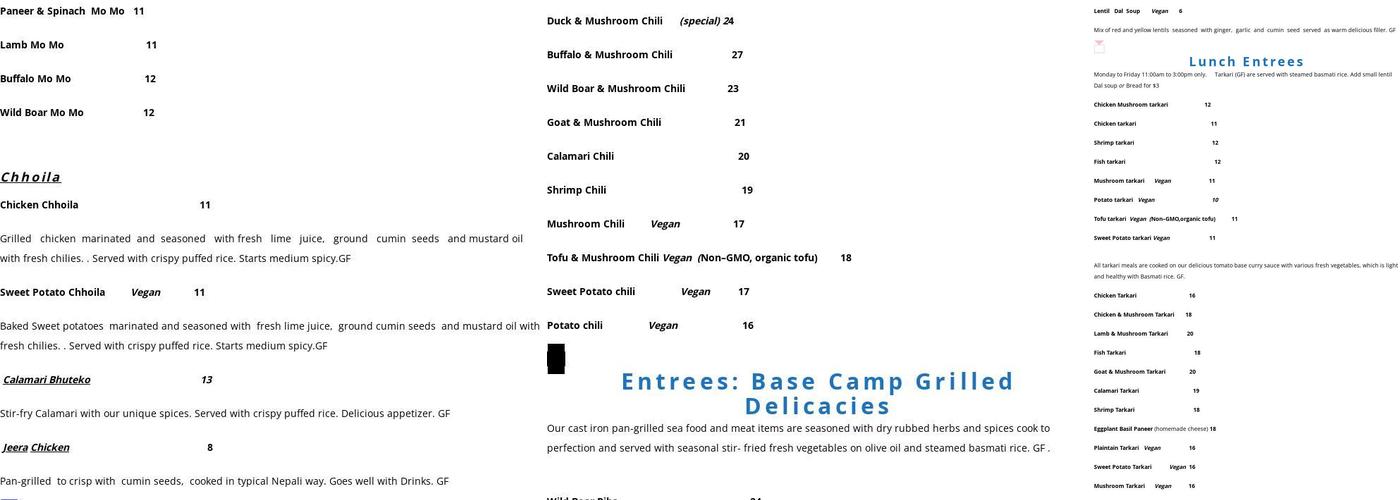 Base Camp Cafe Menu