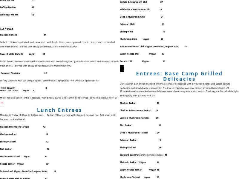 Base Camp Cafe Menu