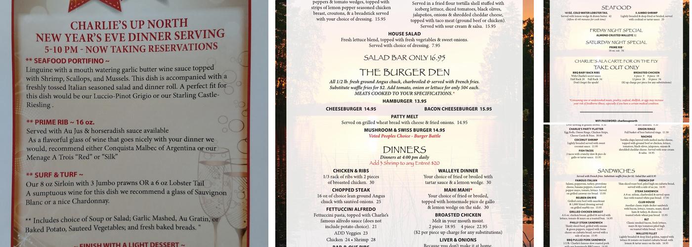 Charlie's Up North Inc. Menu