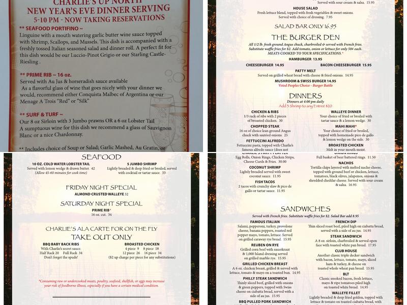 Charlie's Up North Inc. Menu