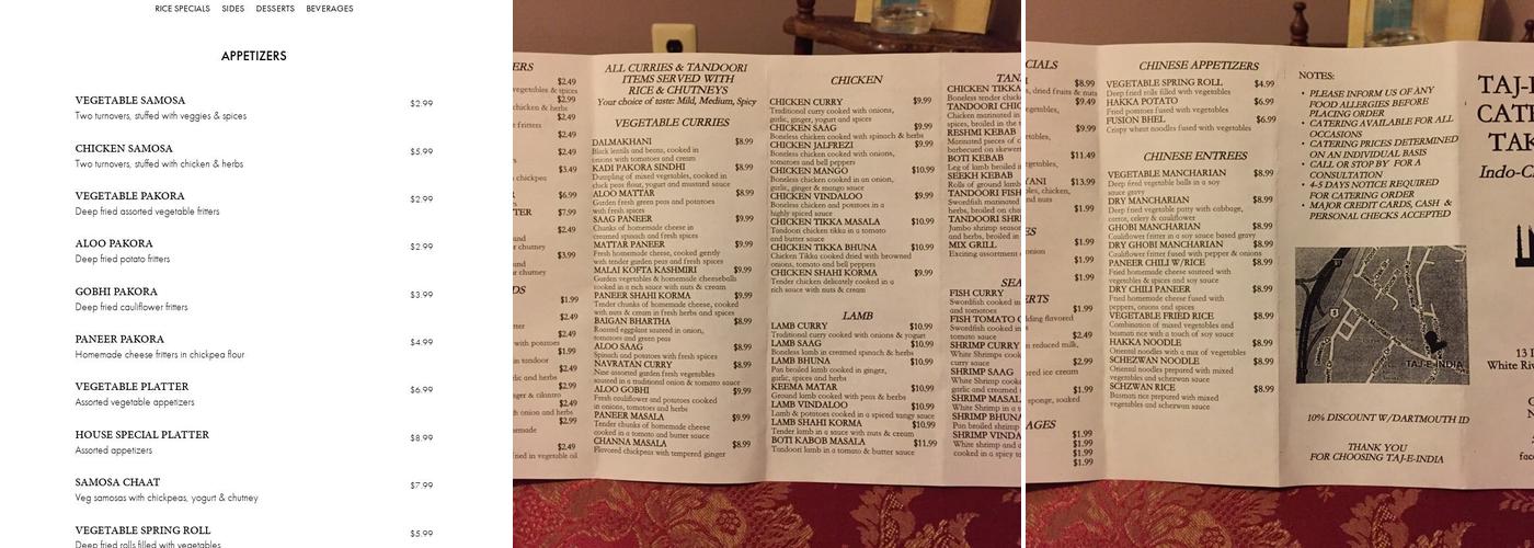 Taj-E-India Menu