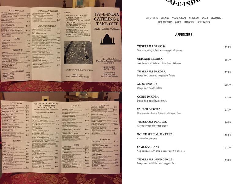 Taj-E-India Menu